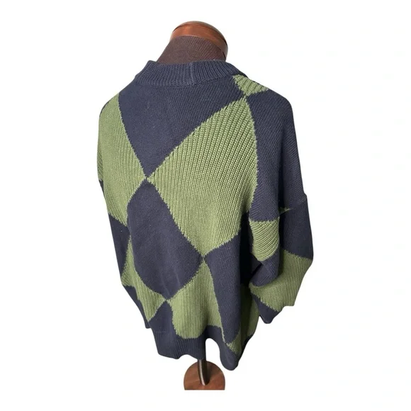 Pistola Men's L Green & Blue Chunky Argyle Cardigan Sweater Preppy Button Down